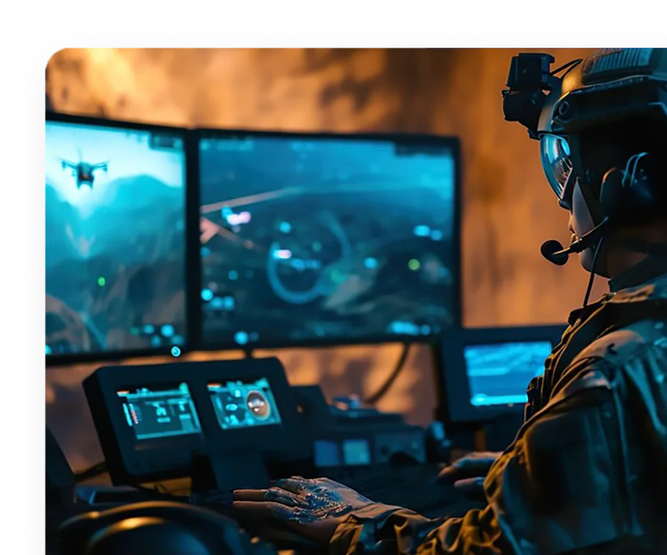 An operator working at a multi-screen workstation.